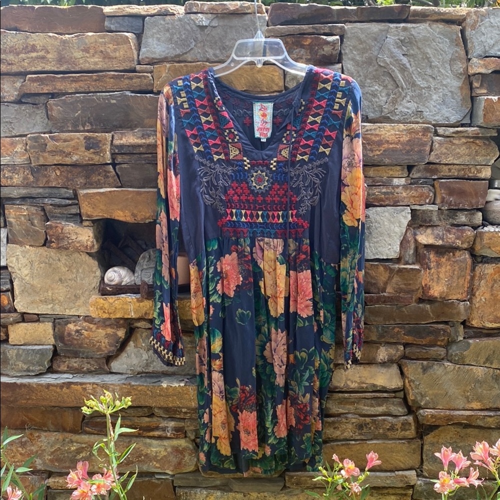 Johnny Was Lightweight Blue and Red Embellished Dress with long Bishop Sleeves